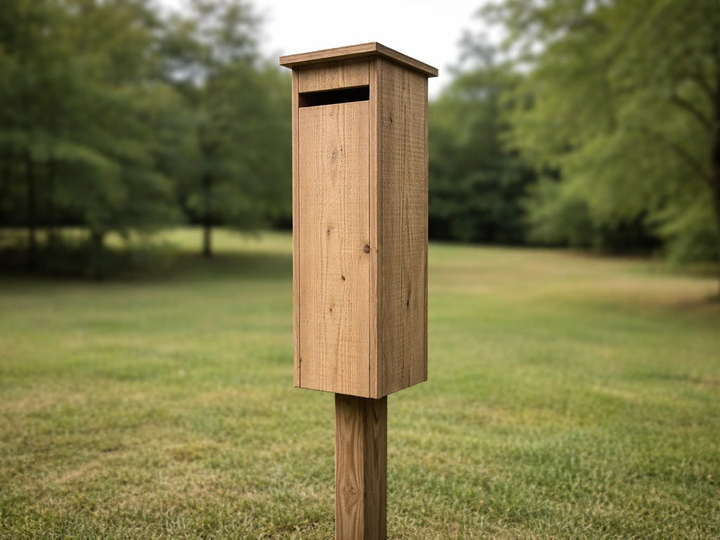 Wood chimney swift bird house tower on a post, with the top entry opening visible in a quiet yard.