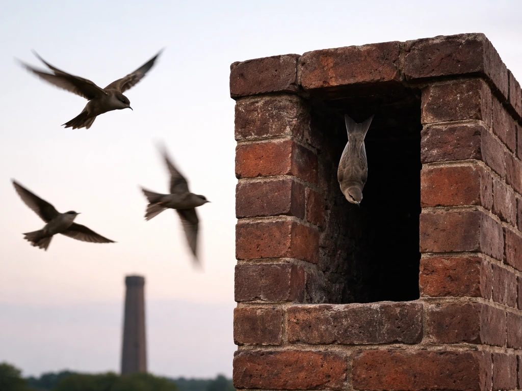 Chimney swift-like birds swooping around a brick chimney tower, clinging near the opening.