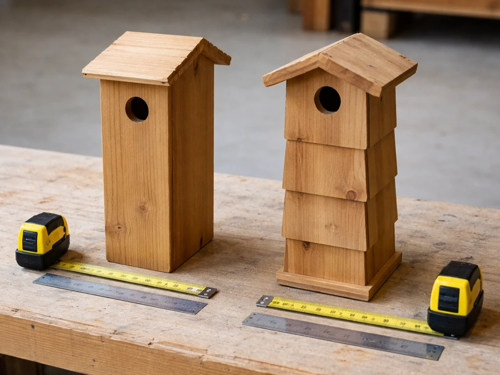 Two small wooden chimney swift tower models and a measuring tape on a workbench for size comparison.