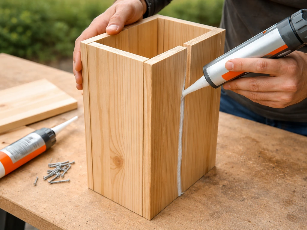 Hands aligning and sealing the seams of four wooden side panels into a rectangular tower on a workbench.