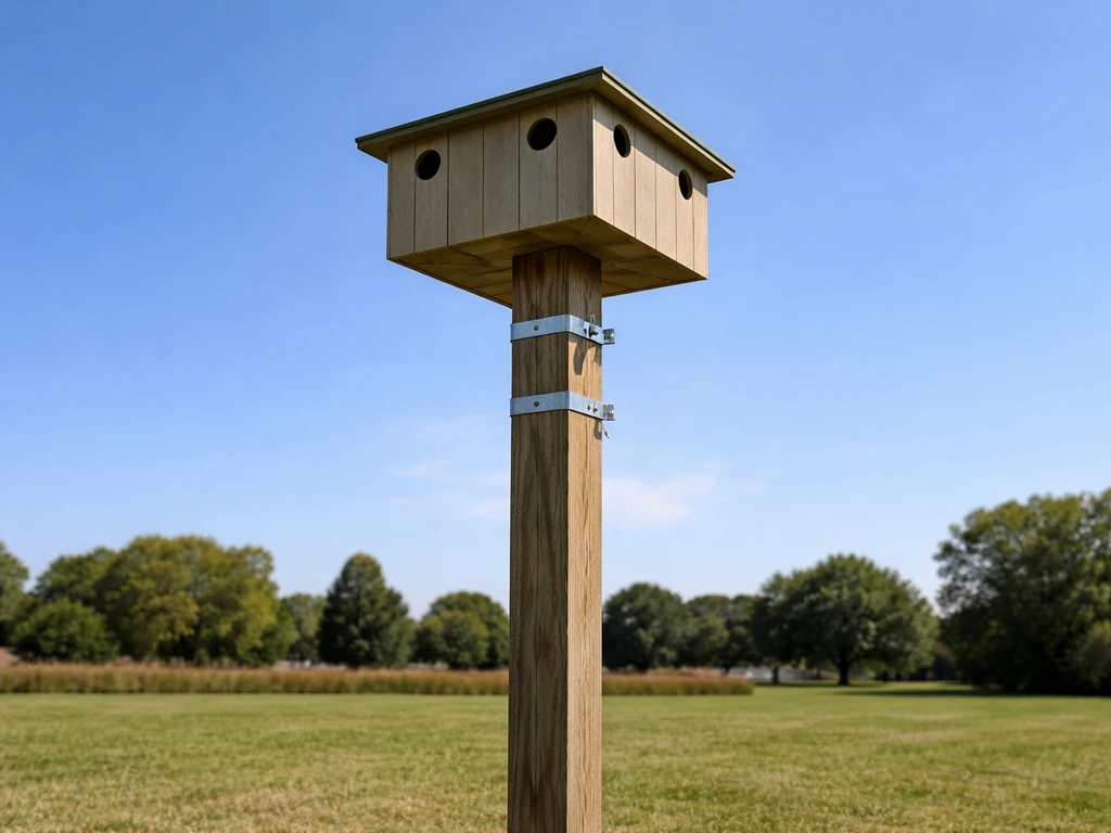 Ground-level view of a bird tower mounted on a post with open clear airspace around it