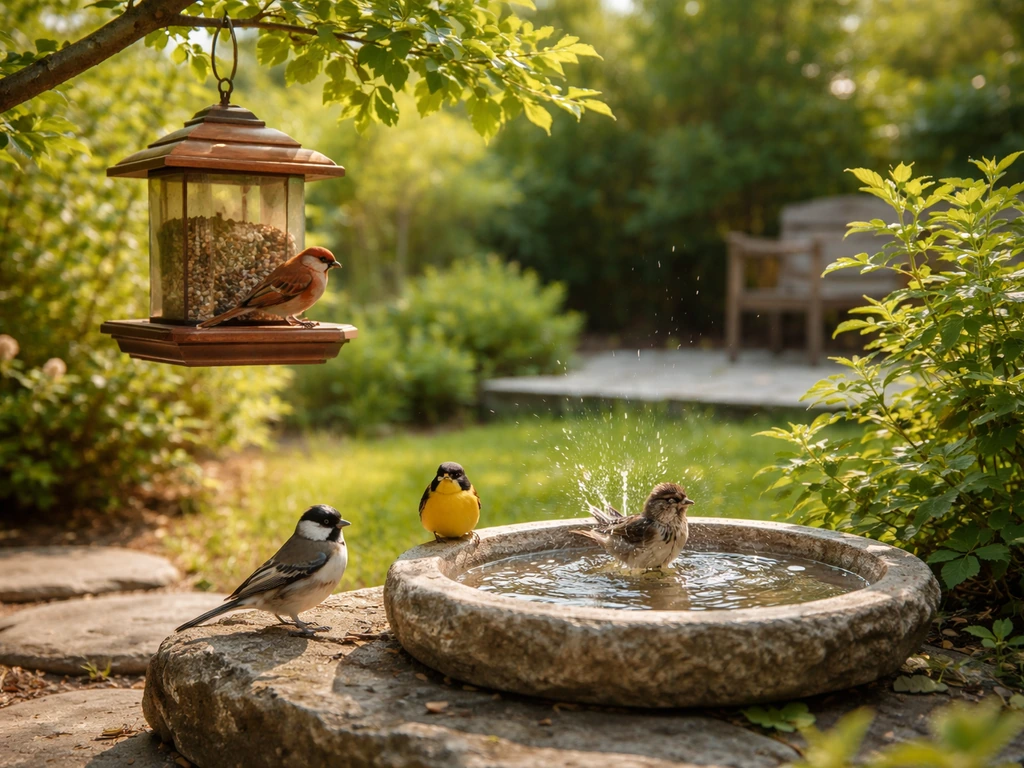 Sunlit backyard patio with birds feeding at a feeder and bathing in a shallow dish near shrubs