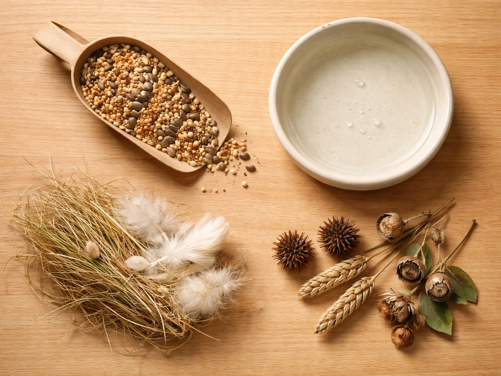Overhead closeup of bird-friendly basics on a wooden table: seed, shallow water dish, and nesting materials.