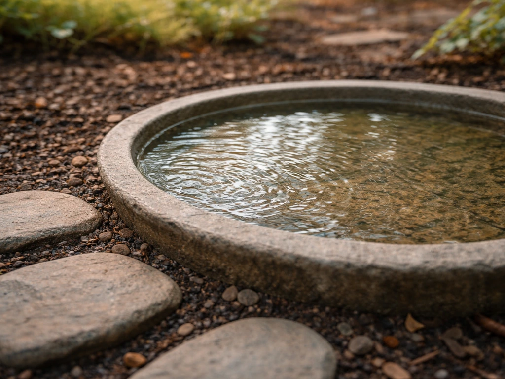 Close view of a shallow bird bath with a shallow rim and stepping stones for easy safe access.