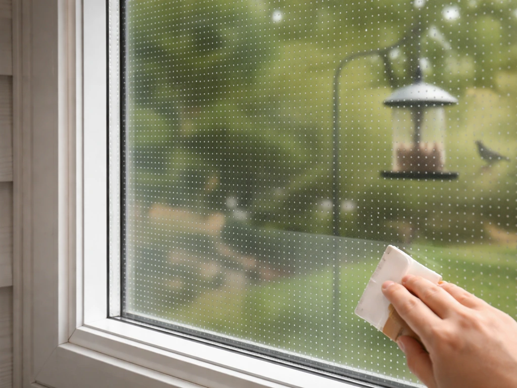 Hand applying dot/stripe window film to a home window facing a bird feeder area outdoors.