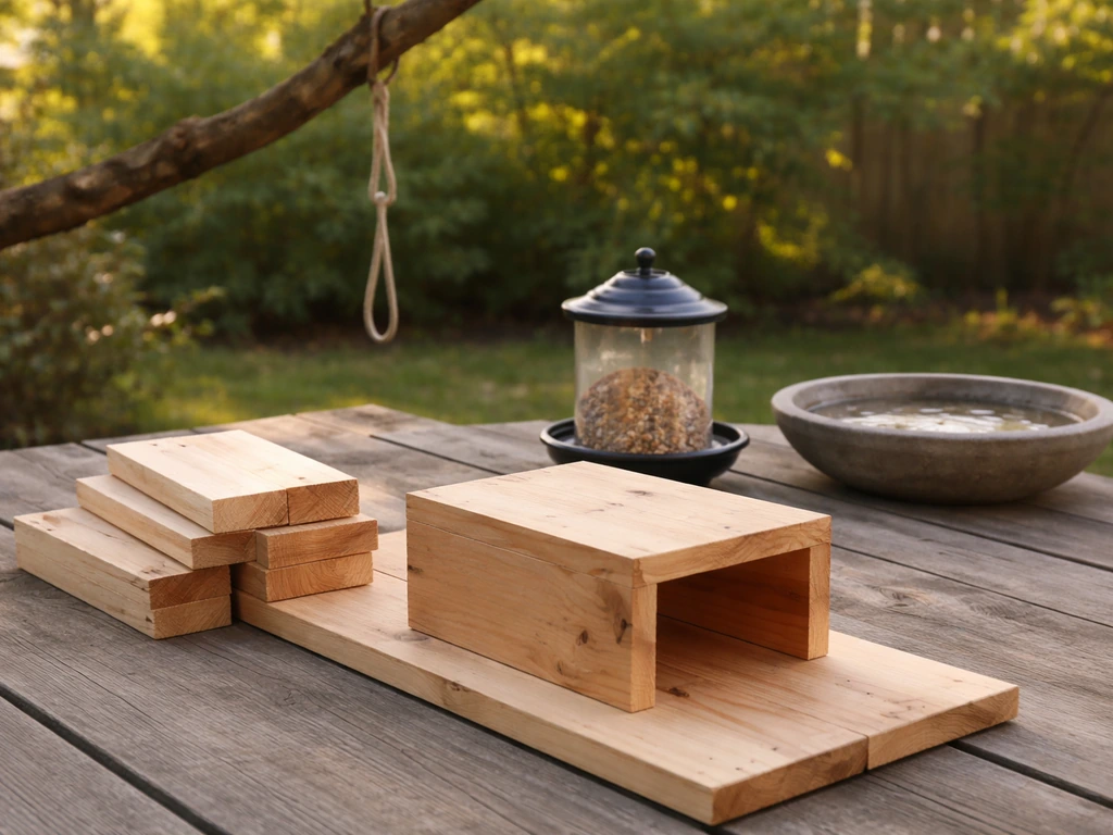 Minimal outdoor setup showing feeder and nesting box materials staged on a patio for placement steps.