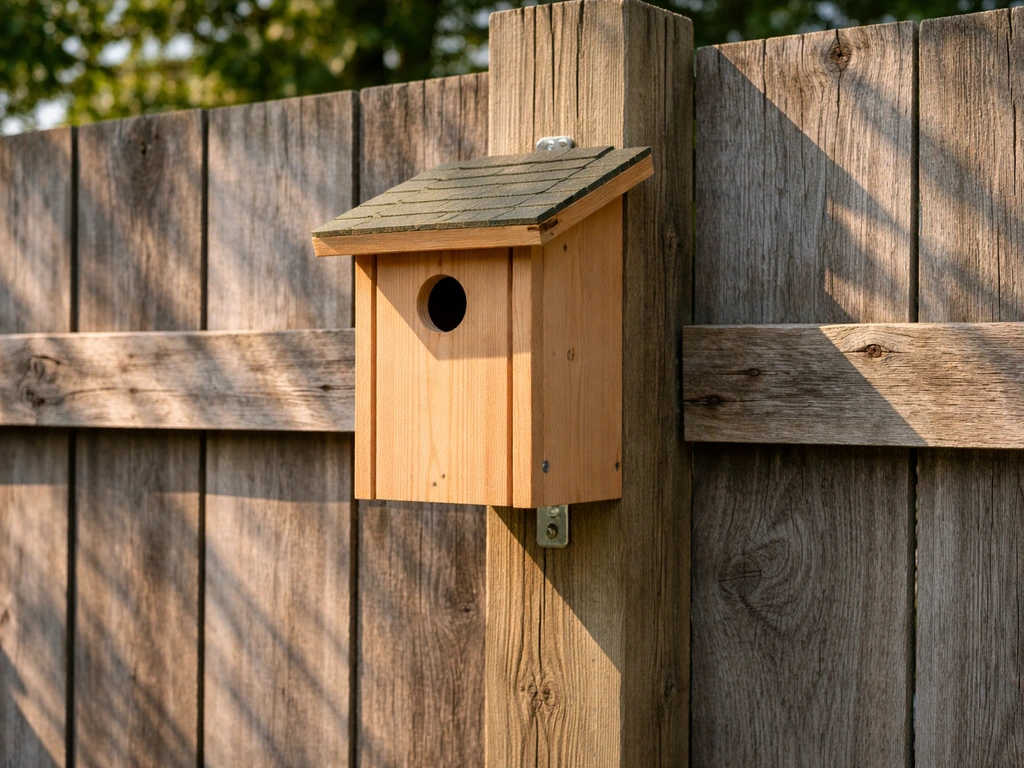 Close-up of a wooden sparrow nest box mounted on a post, showing height and orientation.