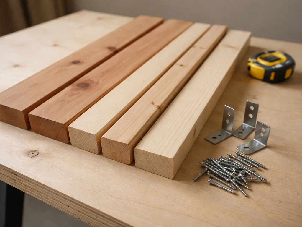 Untreated pine and cedar boards with stainless screws and corner brackets on a simple workbench.