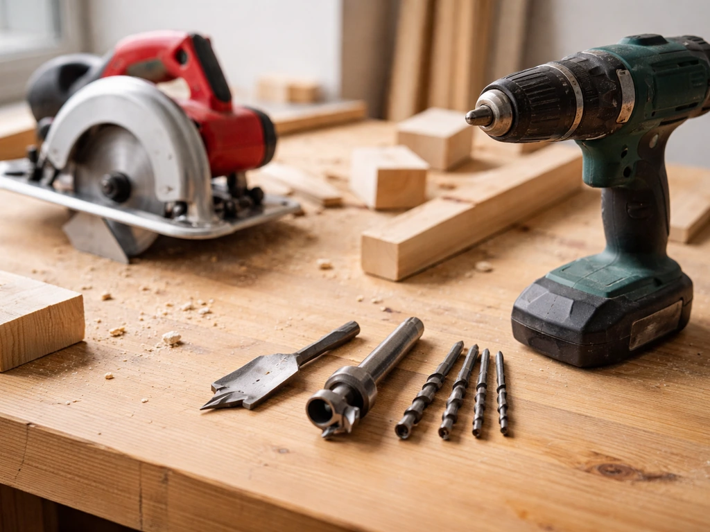 Tools on a workbench: circular saw, drill, 1.5-inch spade/Forstner bits, and small drill bits for drainage.