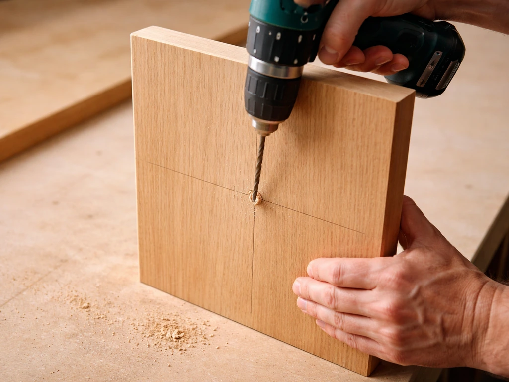 Hands drilling a centered entry hole in a front panel, with a marked center point and bit in place.