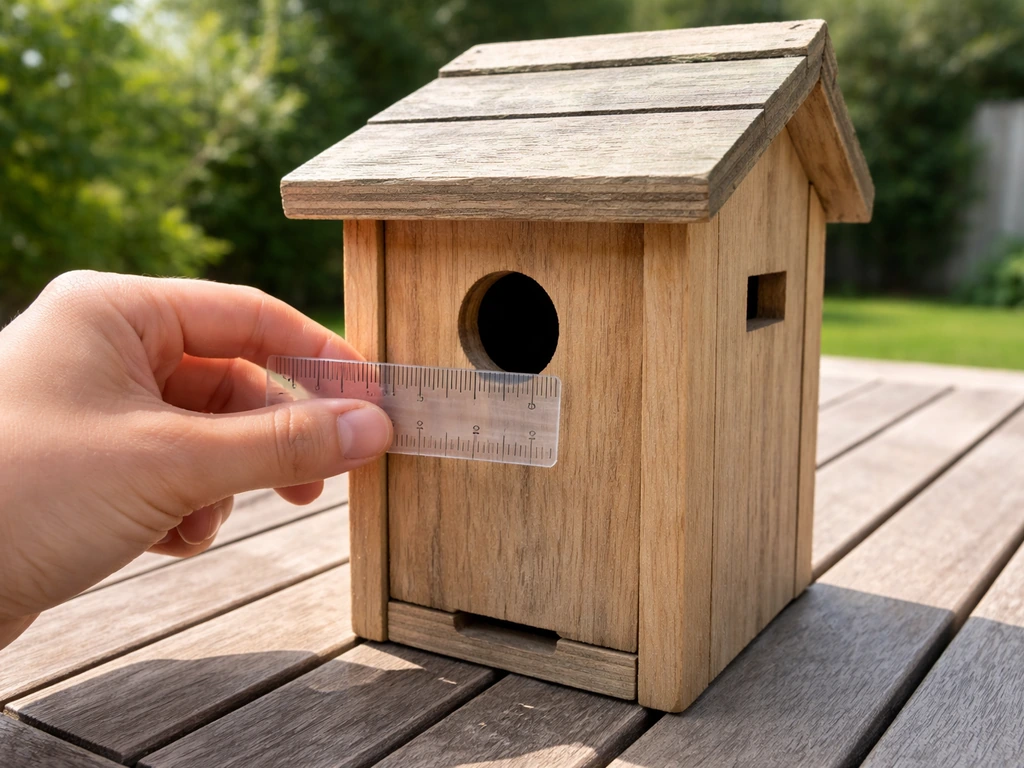 Person using a ruler to measure a small birdhouse entry hole while checking the box exterior details.