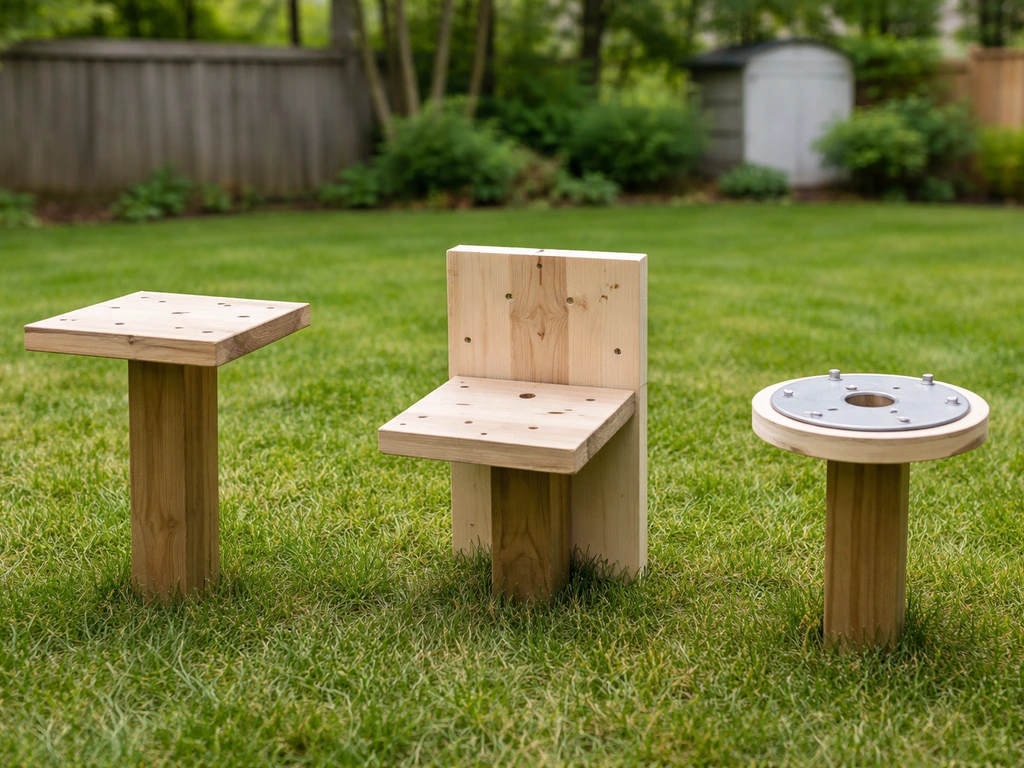 Three simple DIY bird bases: post/platform, mounted birdhouse base, and feeder-mounted base in a yard