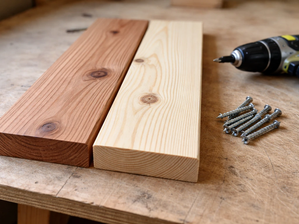 Untreated cedar and pine boards beside galvanized screws and a drill driver on a clean workbench.
