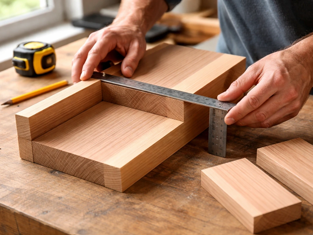 Cedar boards aligned with a framing square on a workbench during nest box measuring and framing