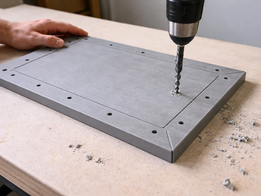Close-up of a floor piece on a workbench with 45-degree corner cuts and drilled drainage holes.