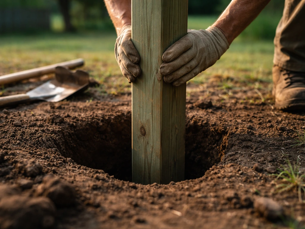 Close-up of a person setting a treated 4x4 post into a freshly dug hole outdoors
