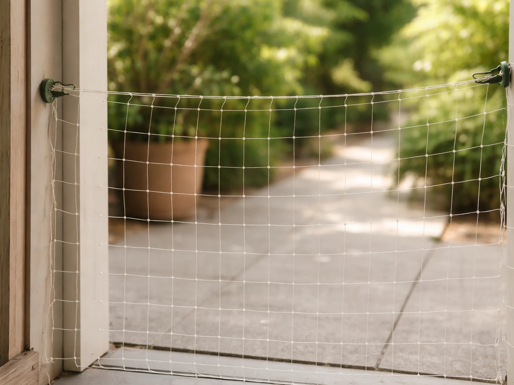 Close view of a wildlife-friendly barrier setup with exclusion netting on a porch entryway