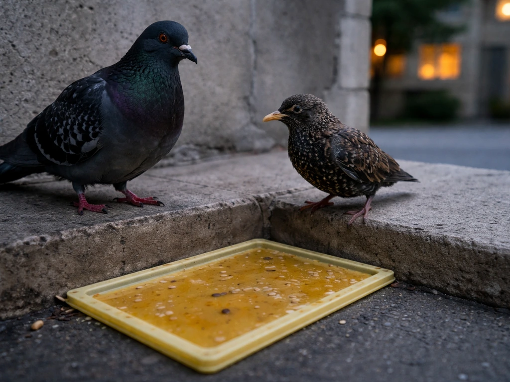 Pigeons and starlings near a building ledge with a partially visible glue trap, showing unintended risk