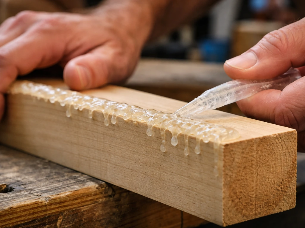 Hands applying a tacky sticky barrier substitute to a wooden board edge on a workbench.