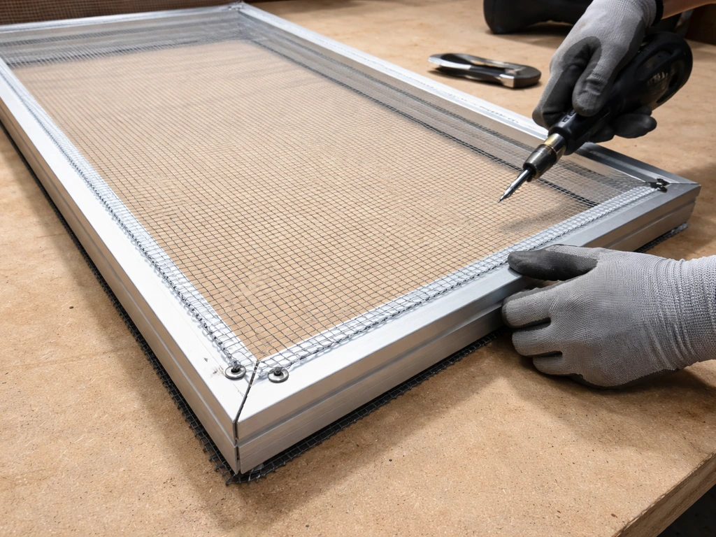 Gloved hands stretch and secure gap-free exclusion netting on a frame, with trimmed edges for safety.