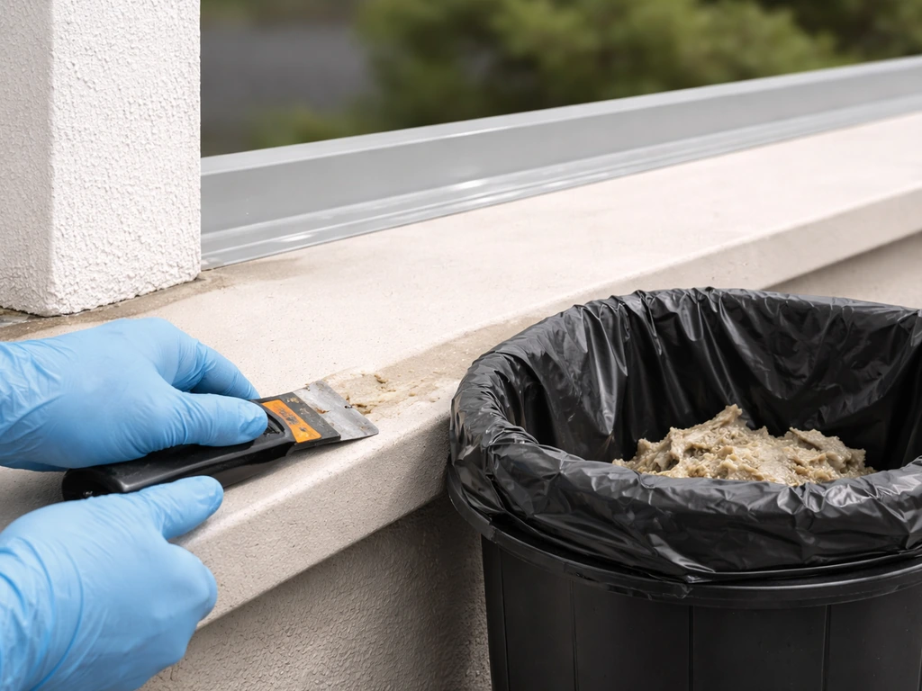 Gloved cleanup tools and an open bag/container for disposing removed sticky residue, with a sealed entry after.