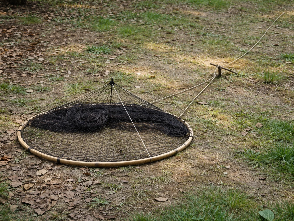 DIY drop net bird trap setup in a backyard, showing the net frame and ropes with no animal present.