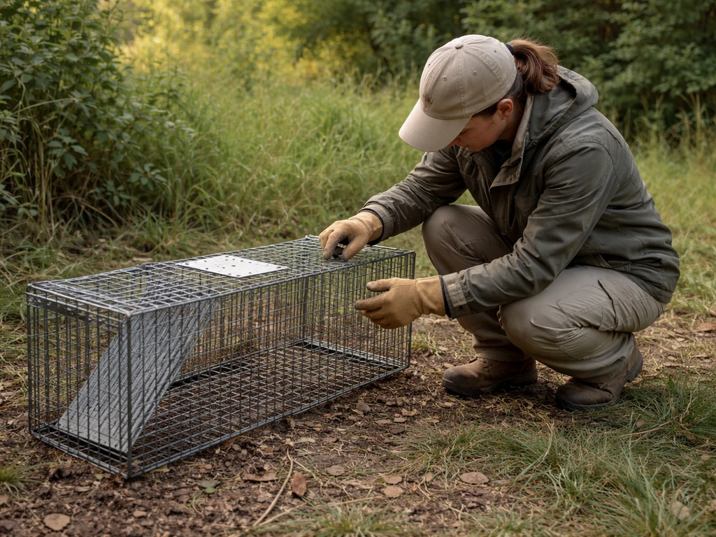 Minimal photo of a wildlife conservation worker inspecting outdoor equipment near a simple cage setup