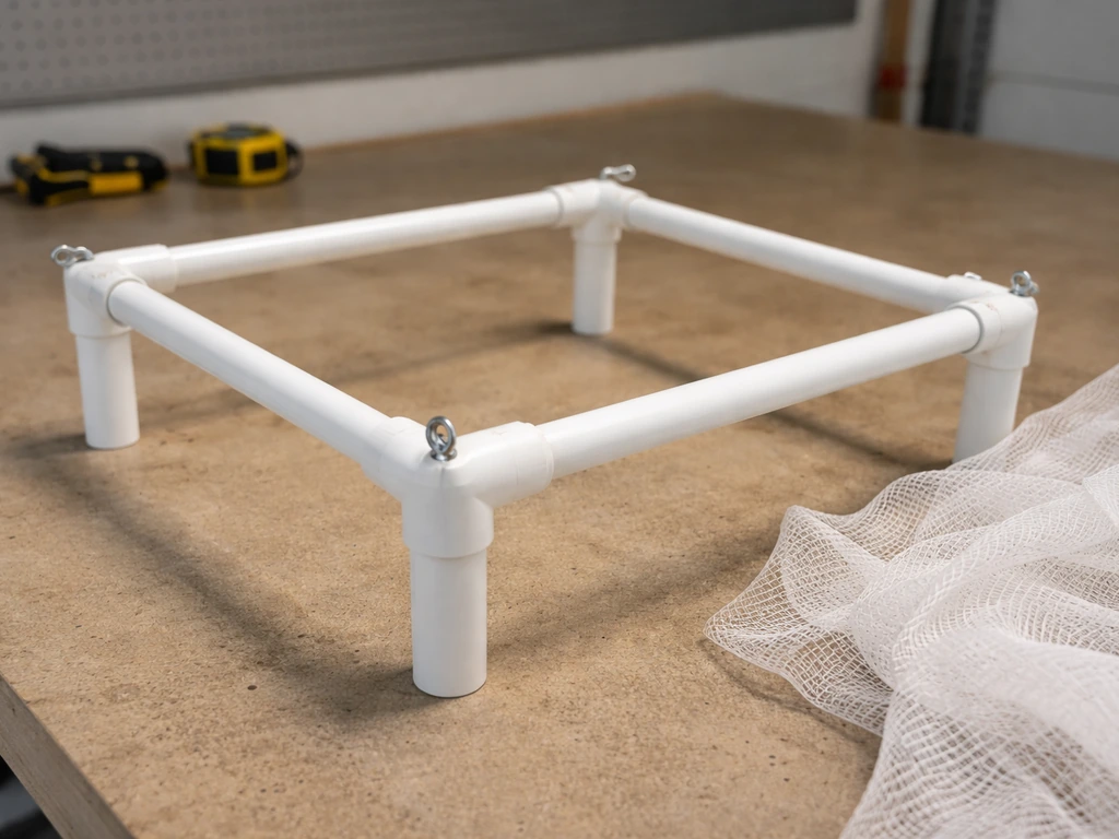Square PVC drop-net frame under construction with corner uprights and visible net tie points.
