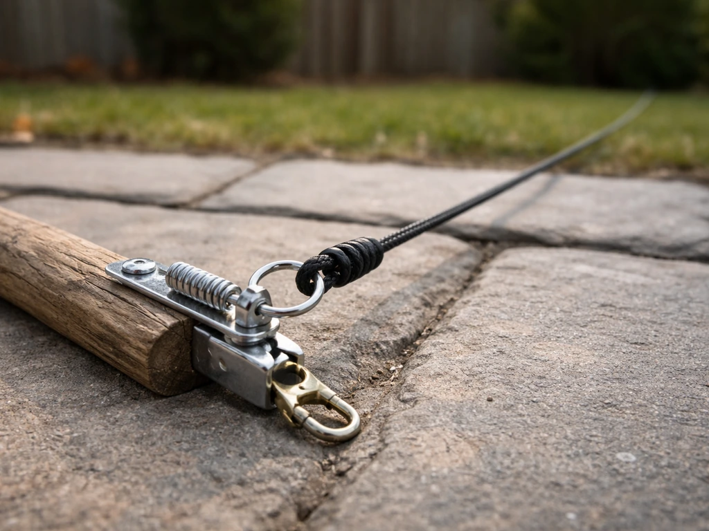 Close-up of a backyard pull-cord trigger setup with prop stick and release mechanism ready to deploy.