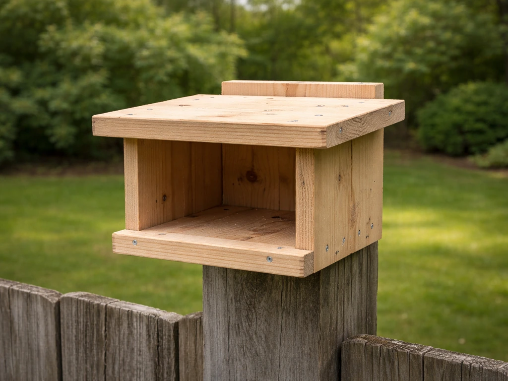 Finished DIY blue jay nesting platform on a backyard fence post with open entry layout visible