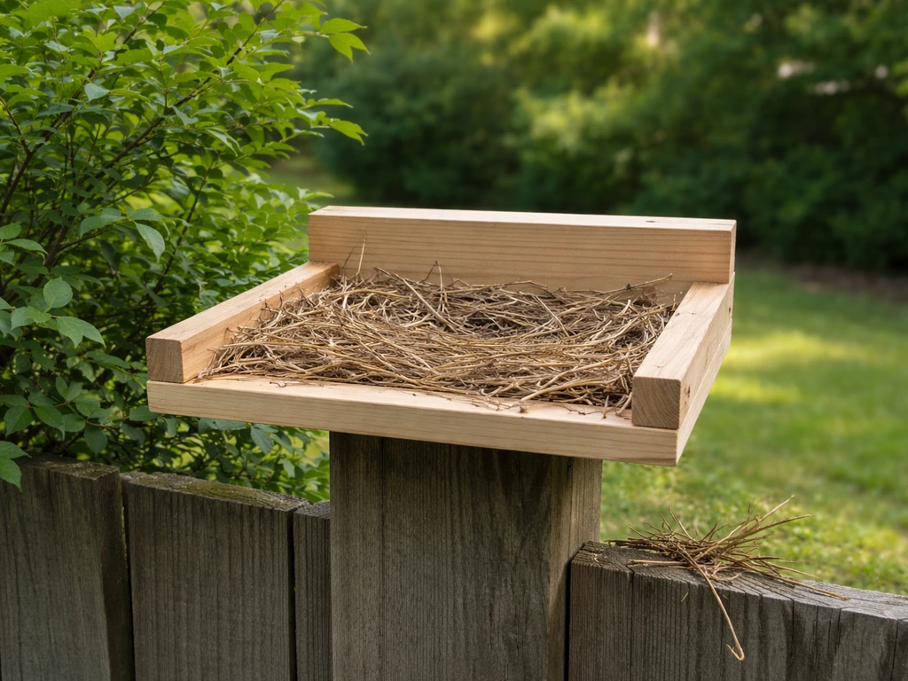 Clean backyard setup showing an open-front platform nest and scattered twigs for a blue jay-style design
