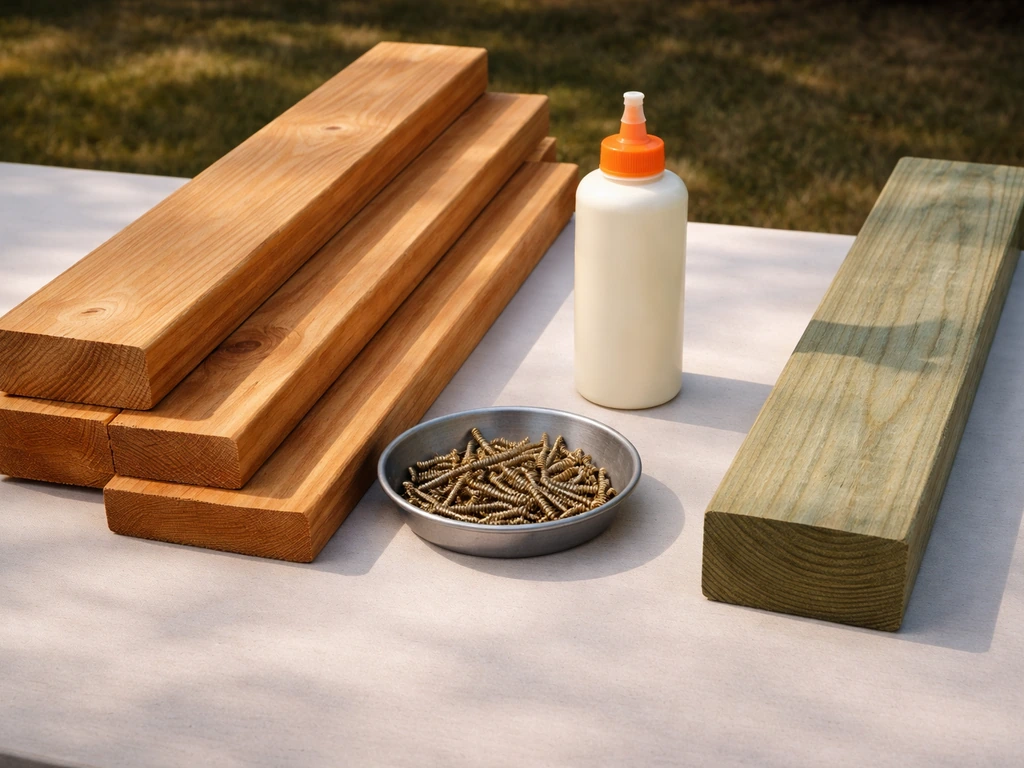 Cedar boards with exterior screws and wood glue beside a clearly marked pressure-treated lumber piece to avoid.