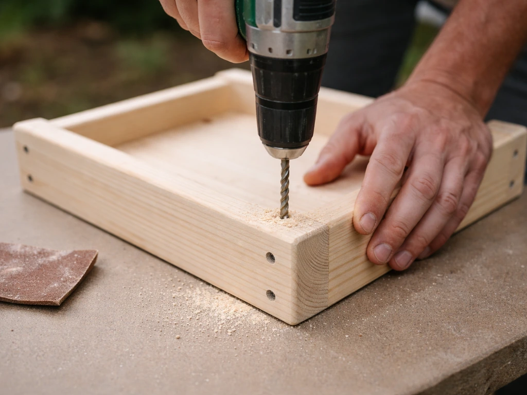 Hands drilling drainage holes into a wooden platform; sanded edges and screw joints visible.
