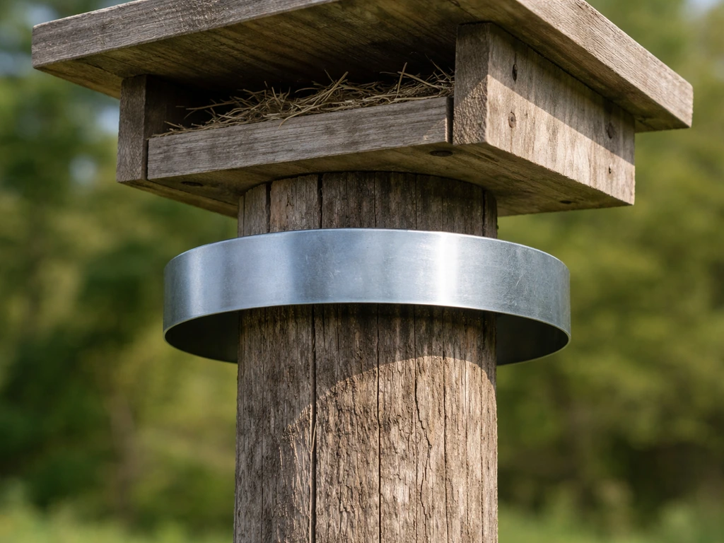 A metal raccoon guard plate ring installed around a wooden post beneath a mounted nesting platform.