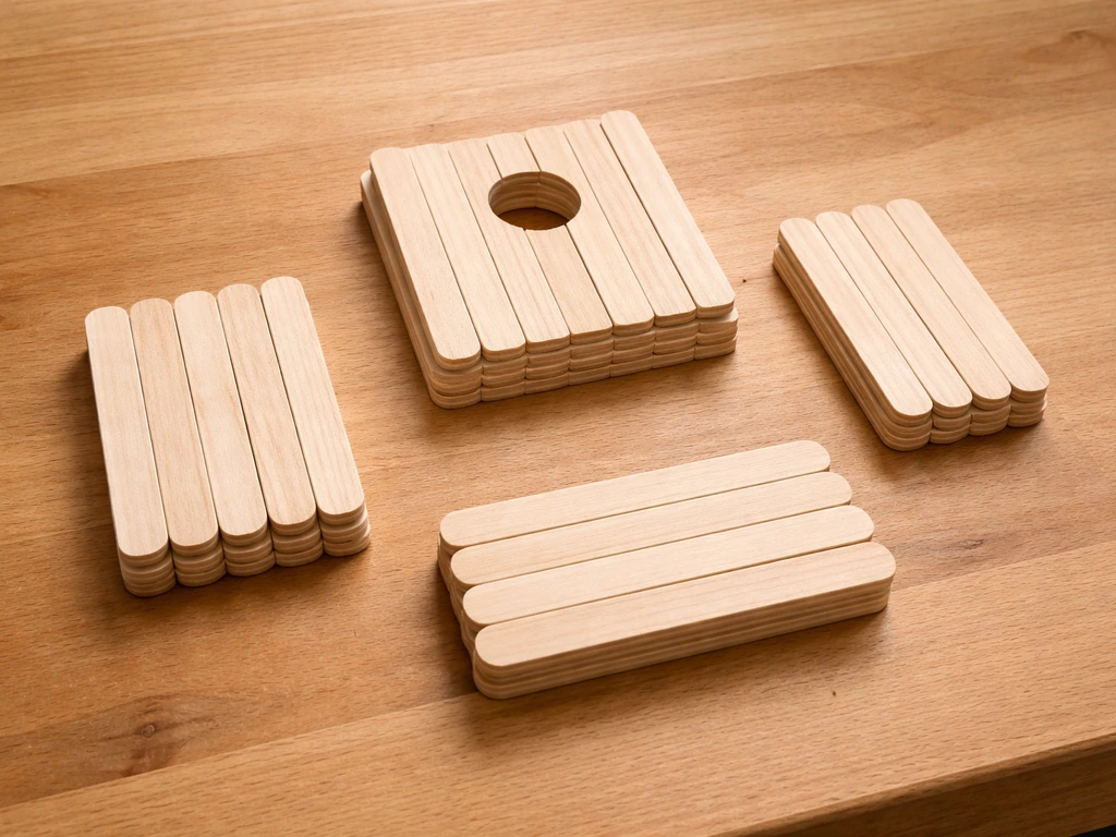 Minimal top-down view of craft sticks laid out as birdhouse panels with an entrance opening area