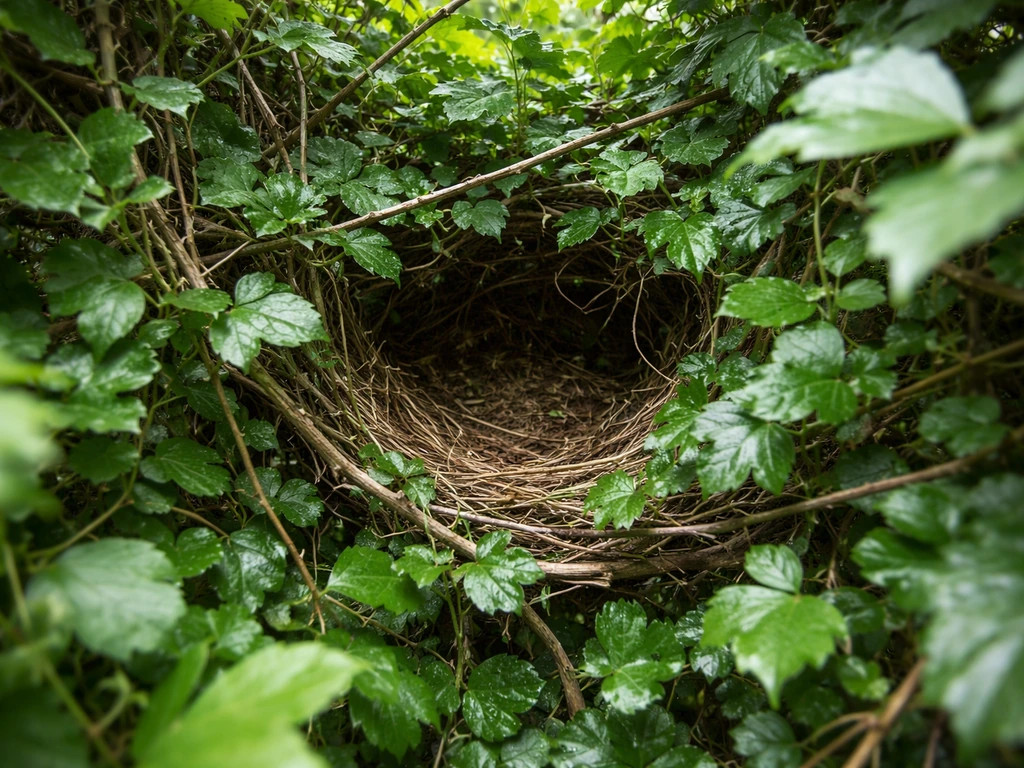Close-up of dense low shrubs with a sheltered nest placement height feel, like a cardinal nesting spot.