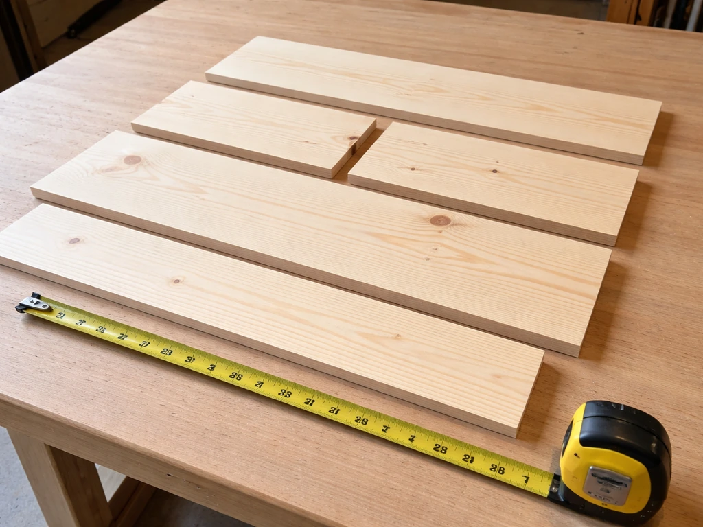 Neatly lined-up cut wood panels (floor, back, sides, roof) with a ruler and measuring tape showing dimensions.