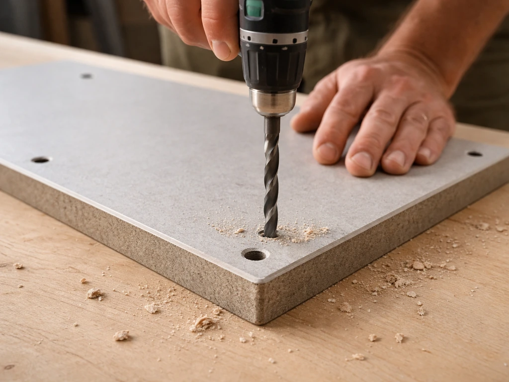 Close-up of a 3/8-inch drill bit drilling corner drainage holes in a floor panel