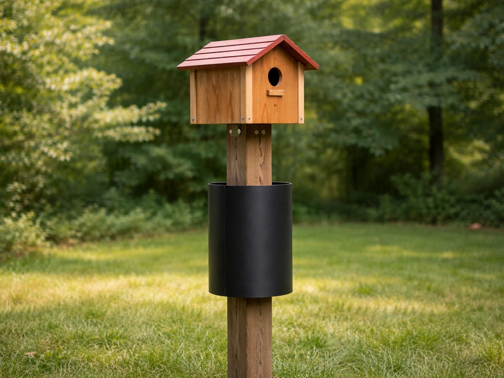 Cardinal bird house mounted on a fence post with a predator baffle below, facing the yard interior.