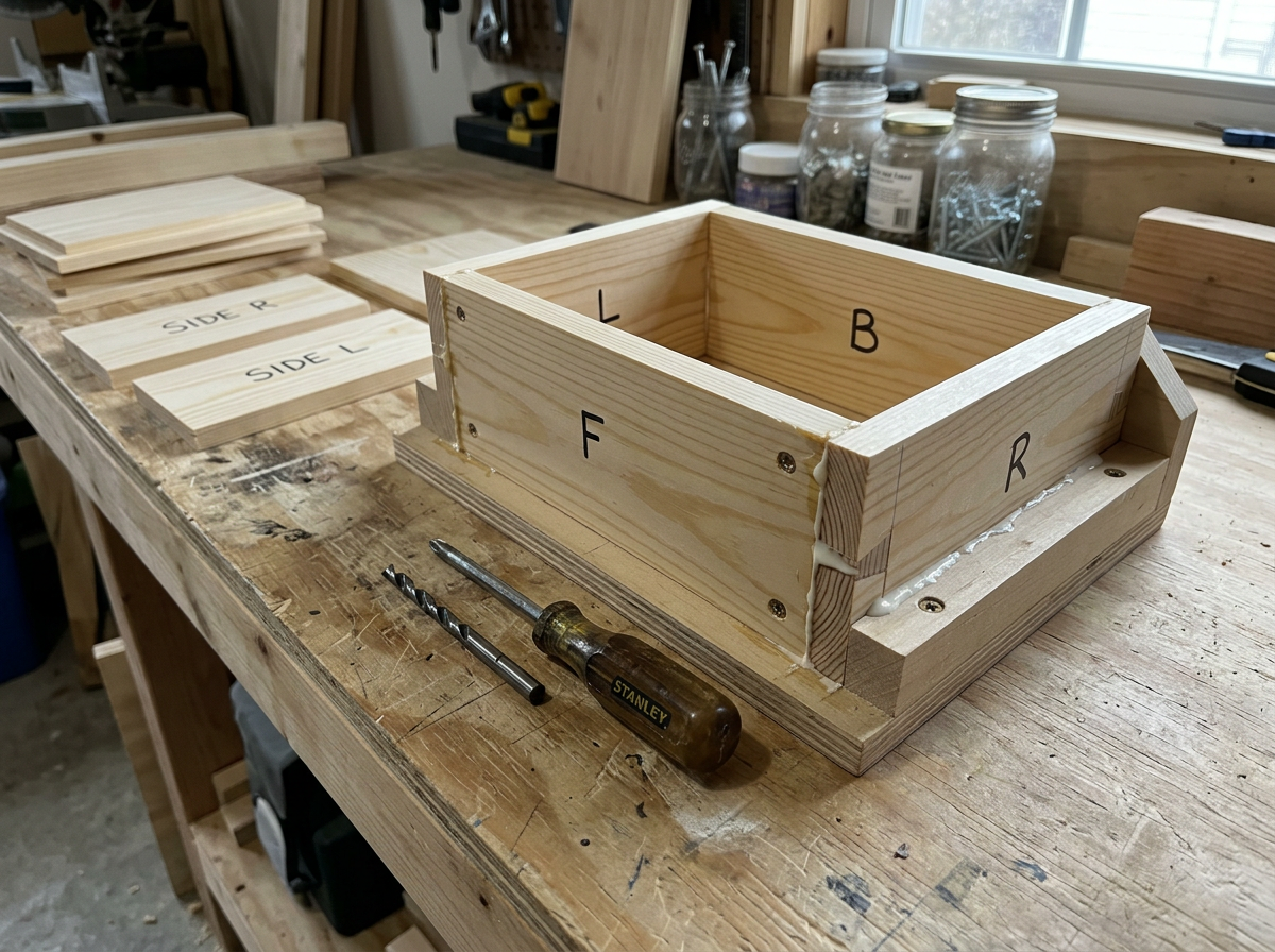 Assembling the cut pieces into a bluebird house on a workbench