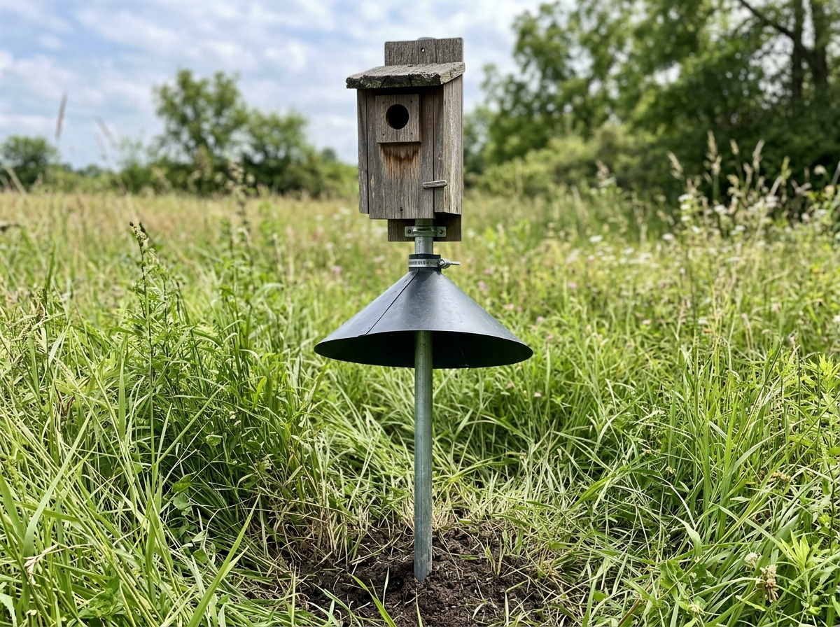 Bluebird house mounted on an EMT pole with predator baffle