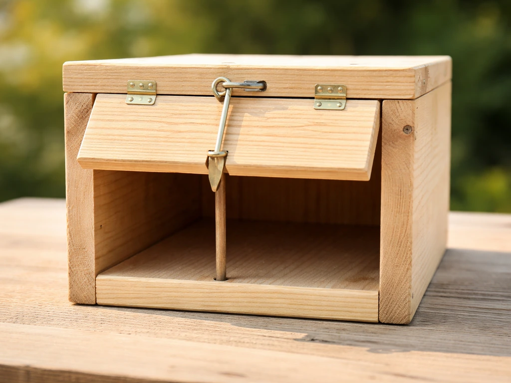 Close-up of a simple DIY drop-door box trap showing the front opening and latch-held door mechanism.