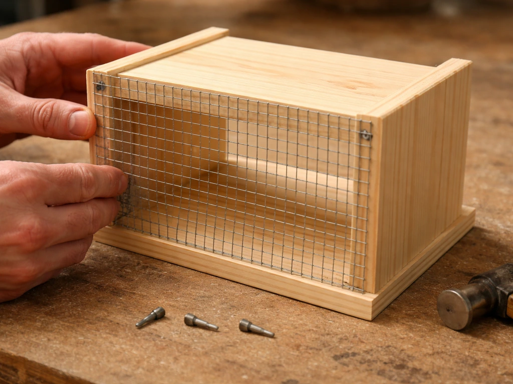 Close-up of a small wooden bird enclosure being assembled with hardware cloth and screws on a workbench.