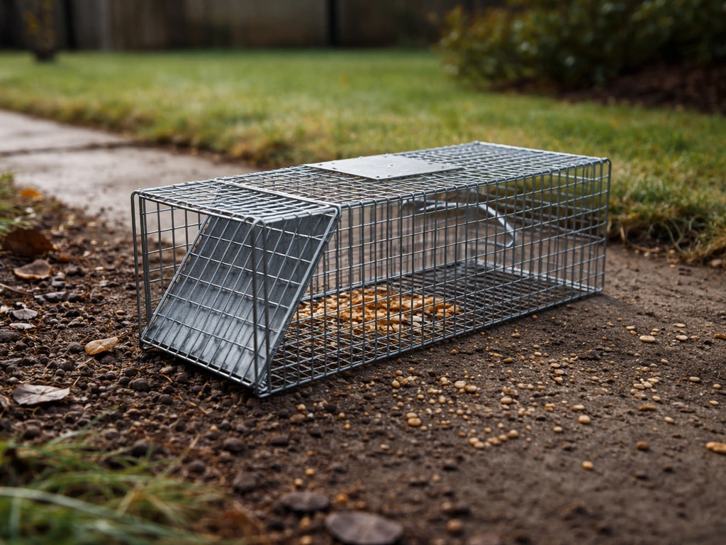 Humane box trap ready with bait placed near an observed bird feeding area outdoors.