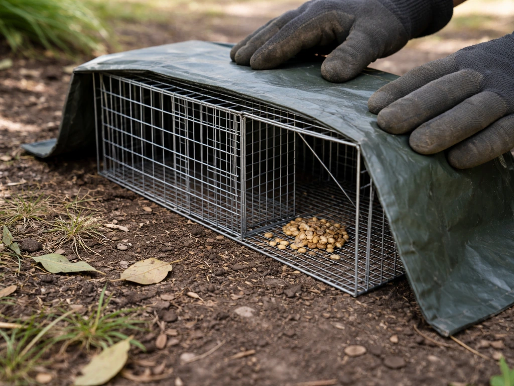 Gloved handler checks a small outdoor animal trap near bait, with shade and minimal vegetation