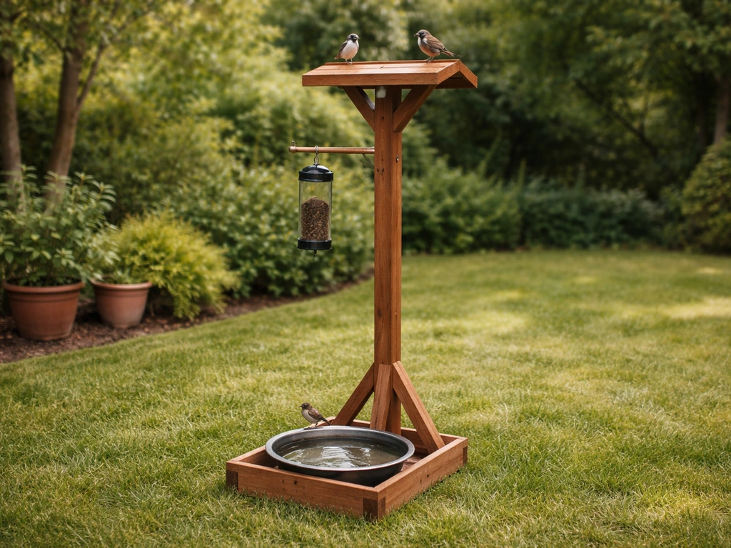 Freestanding DIY garden bird stand with perch, feeder, and shallow bird bath in a backyard