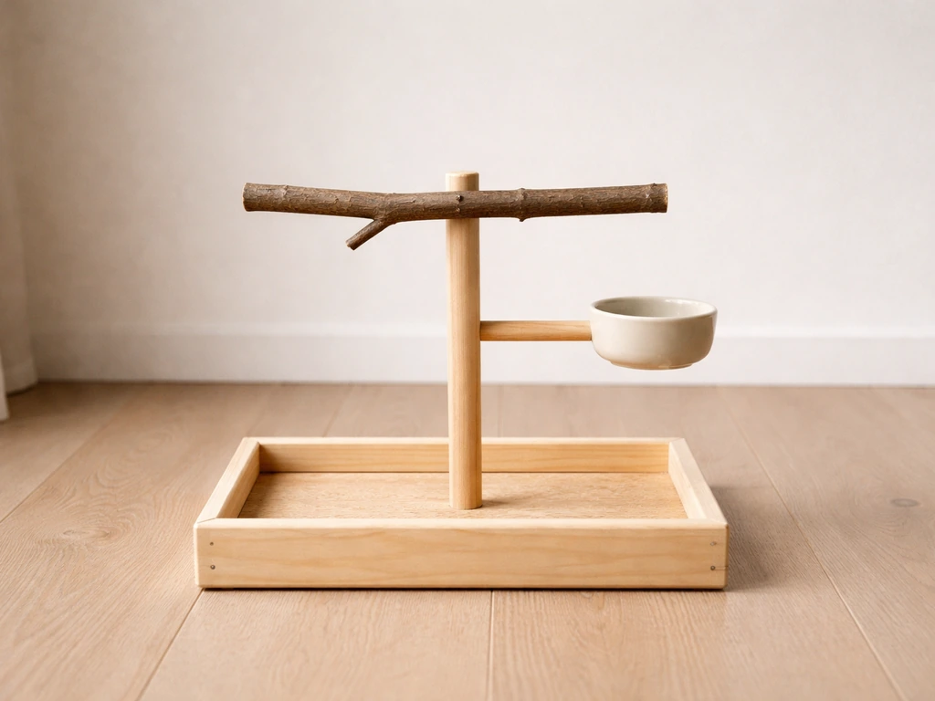 Wooden bird stand setup showing perching bars and a small feeding bowl in a simple indoor space