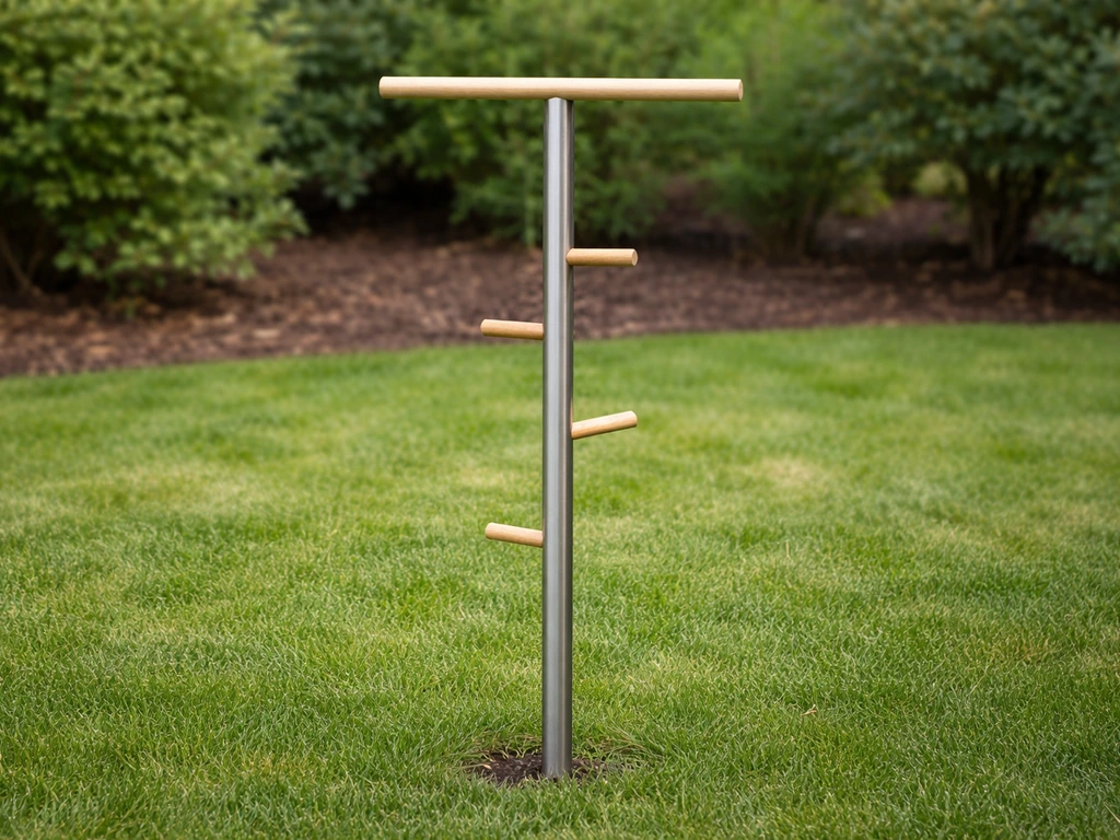 Garden T-bar perch stand with vertical post, top crossbar, and small side dowel branches at different heights.