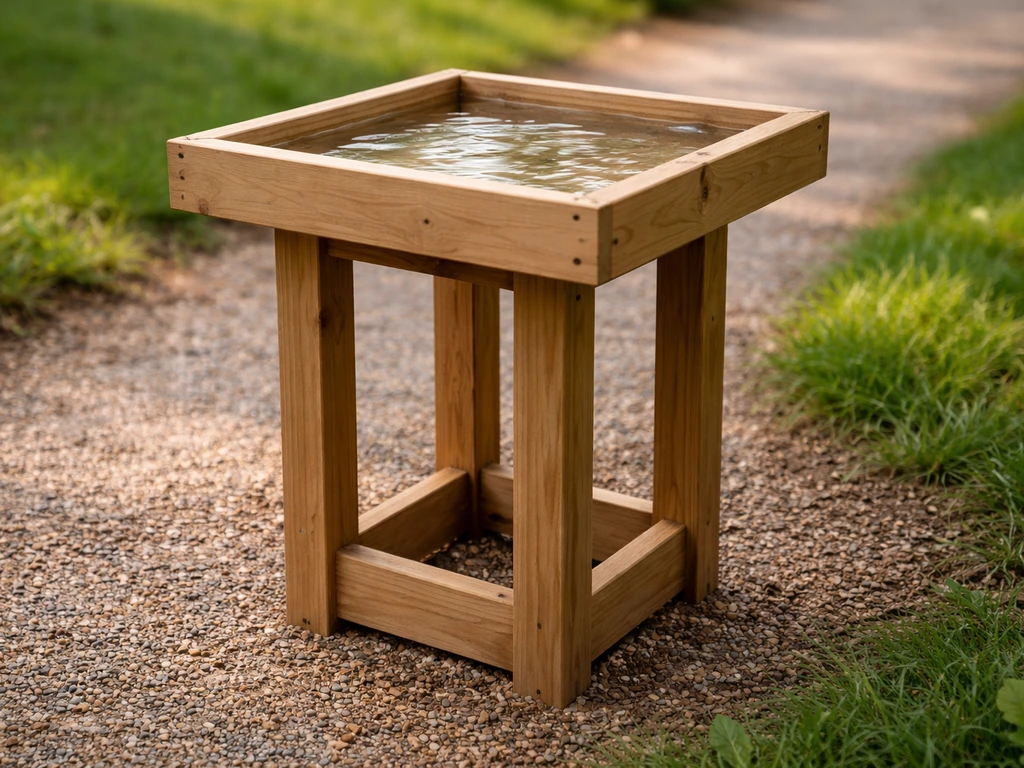 Shallow bird bath pedestal stand in a quiet garden, angled to show the basin depth and drainage.