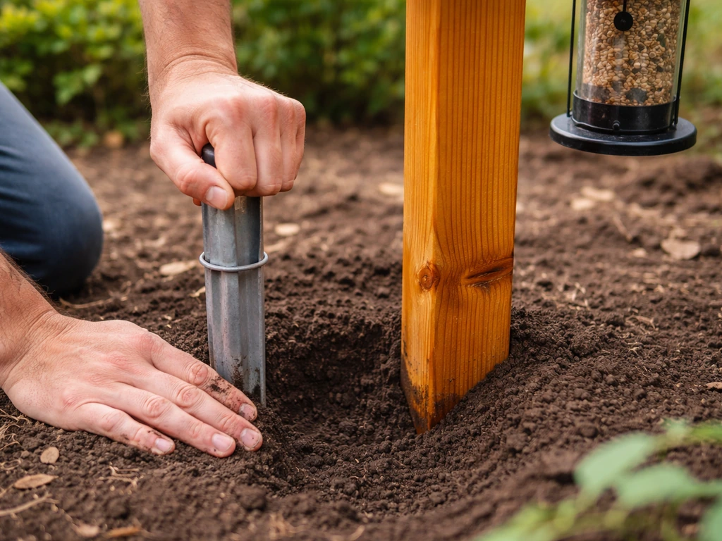Hand securing a ground spike into soil near a cedar bird feeder stand, with wood coated for weatherproofing.